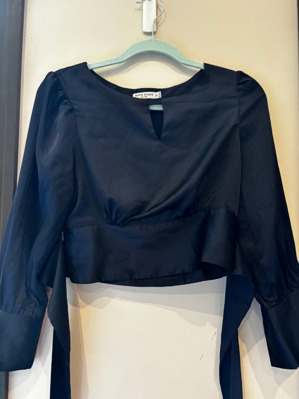 Petite Studio Black Satin Tie Waist Blouse, Size XS